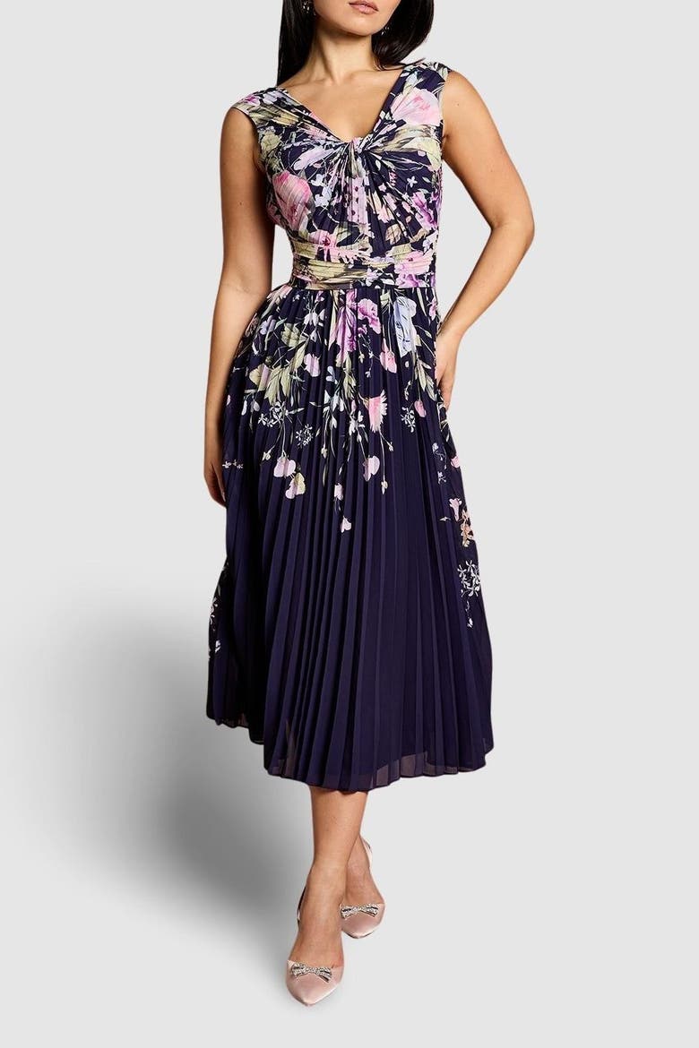 petite midi fall dresses Petite Twist Front Printed Midi Dress (Women)