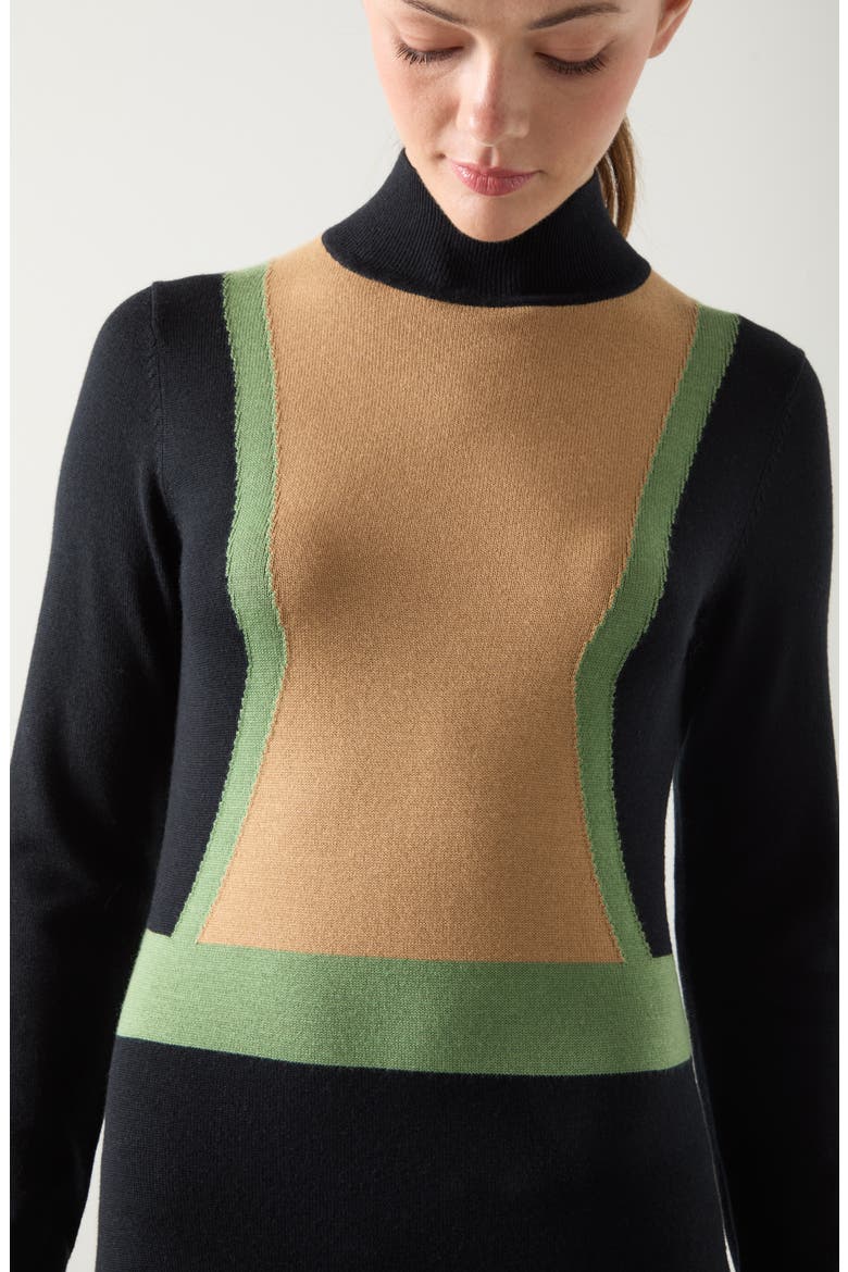 Natalia Colorblock Long Sleeve Merino Wool & Cotton Sweater Dress, Alternate, color, BLACK