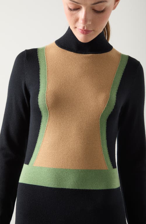 Lk Bennett Natalia Colorblock Long Sleeve Merino Wool & Cotton Sweater Dress In Black
