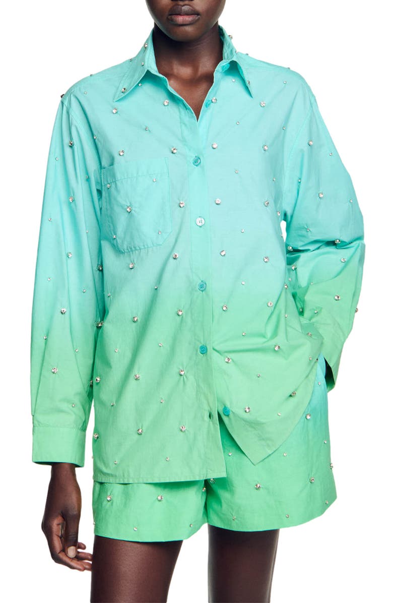SANDRO Aricie Ombré Rhinestone Embellished Cotton Button-Up Shirt, Alternate, color, 