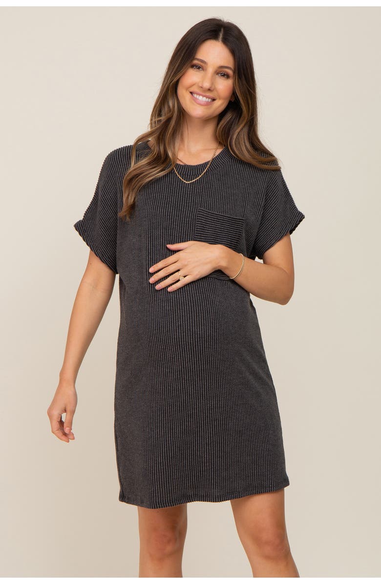 PinkBlush Ribbed Front Pocket Dolman Short Sleeve Dress, Alternate, color, Charcoal Grey