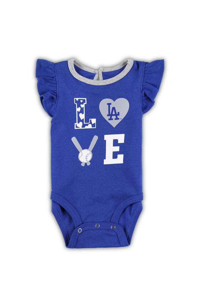 Outerstuff Newborn & Infant Royal/Heather Gray Los Angeles Dodgers Three-Piece Love of Baseball Bib Bodysuit & Booties Set, Alternate, color, 