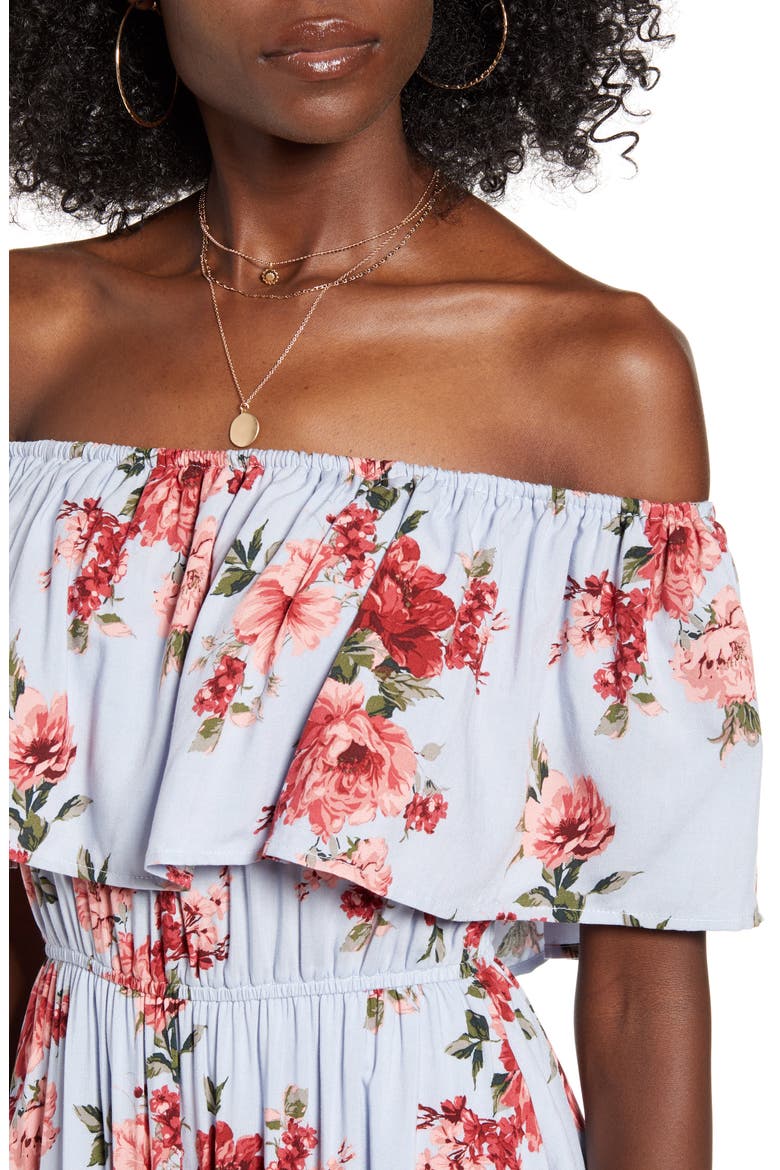 Off the Shoulder Popover Midi Dress, Alternate, color, BLUE DRIFT LARGE FLORAL