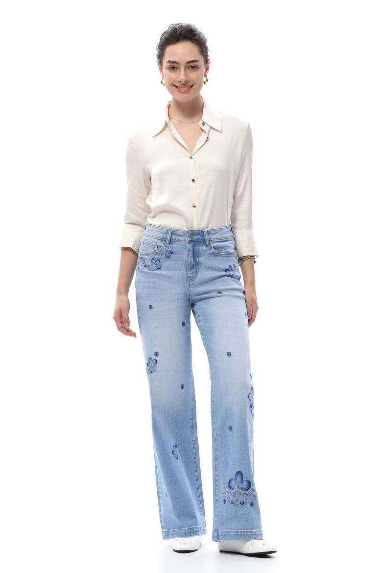 Floral Embroidered Mid Rise Wide Leg Jeans, Alternate, color, LIGHT BLUE