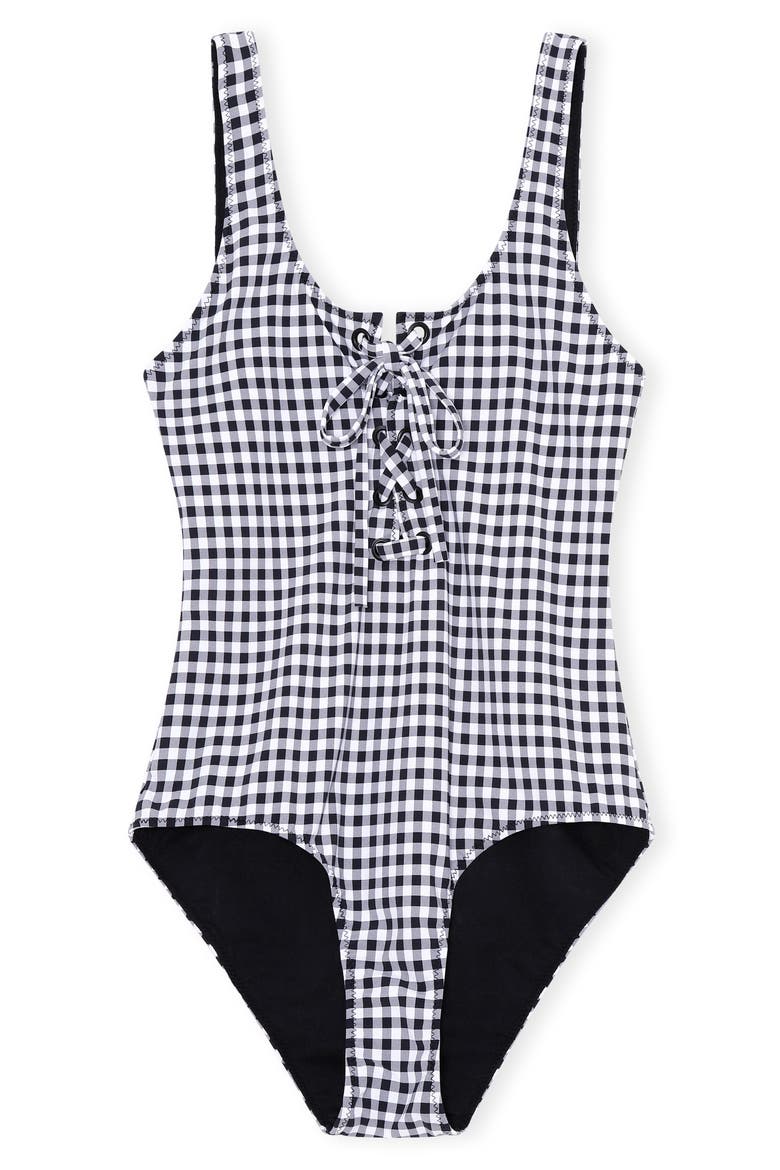 Gingham Lace-Up One-Piece Swimsuit, Alternate, color, BLACK