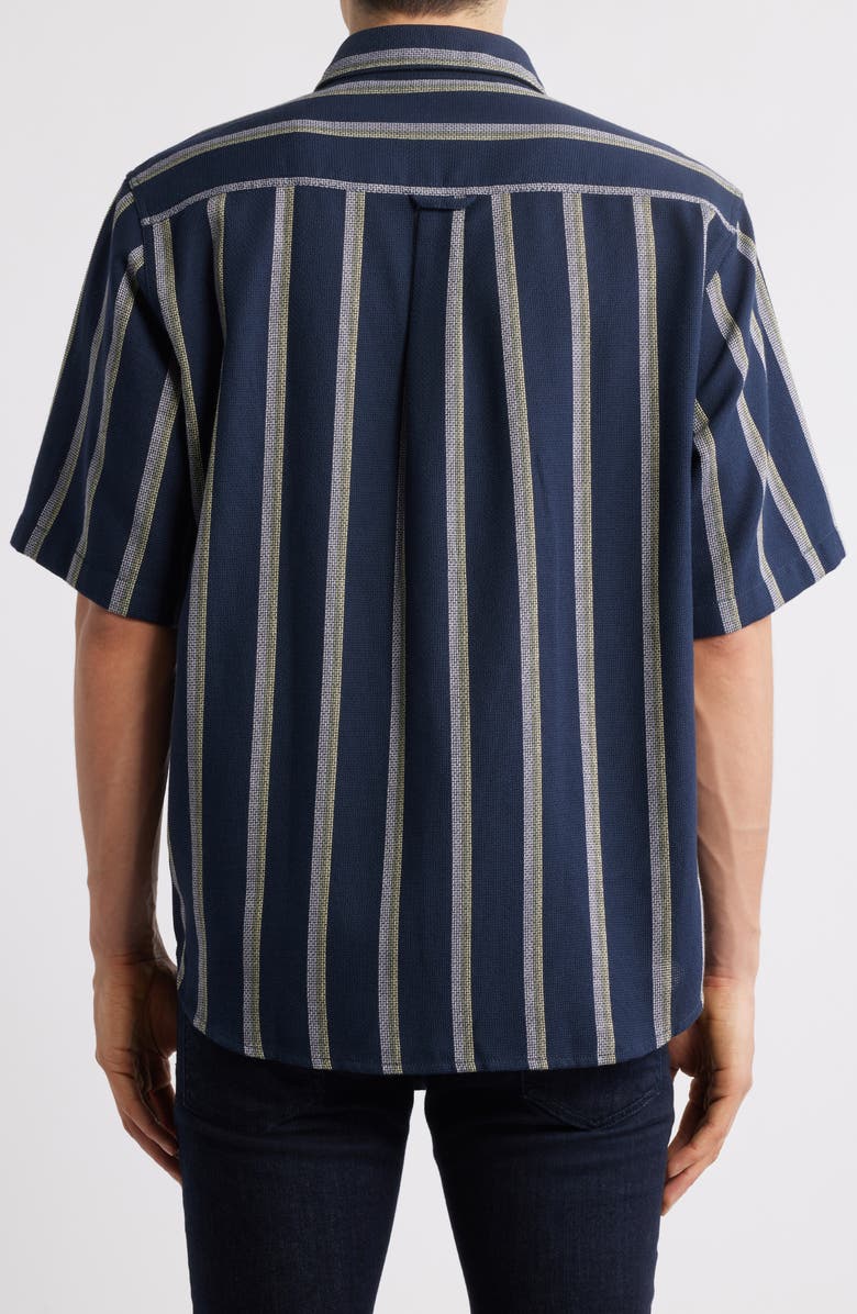 HUGO Eralino Loose Fit Stripe Short Sleeve Cotton Blend Button-Up Shirt, Alternate, color, Dark Blue