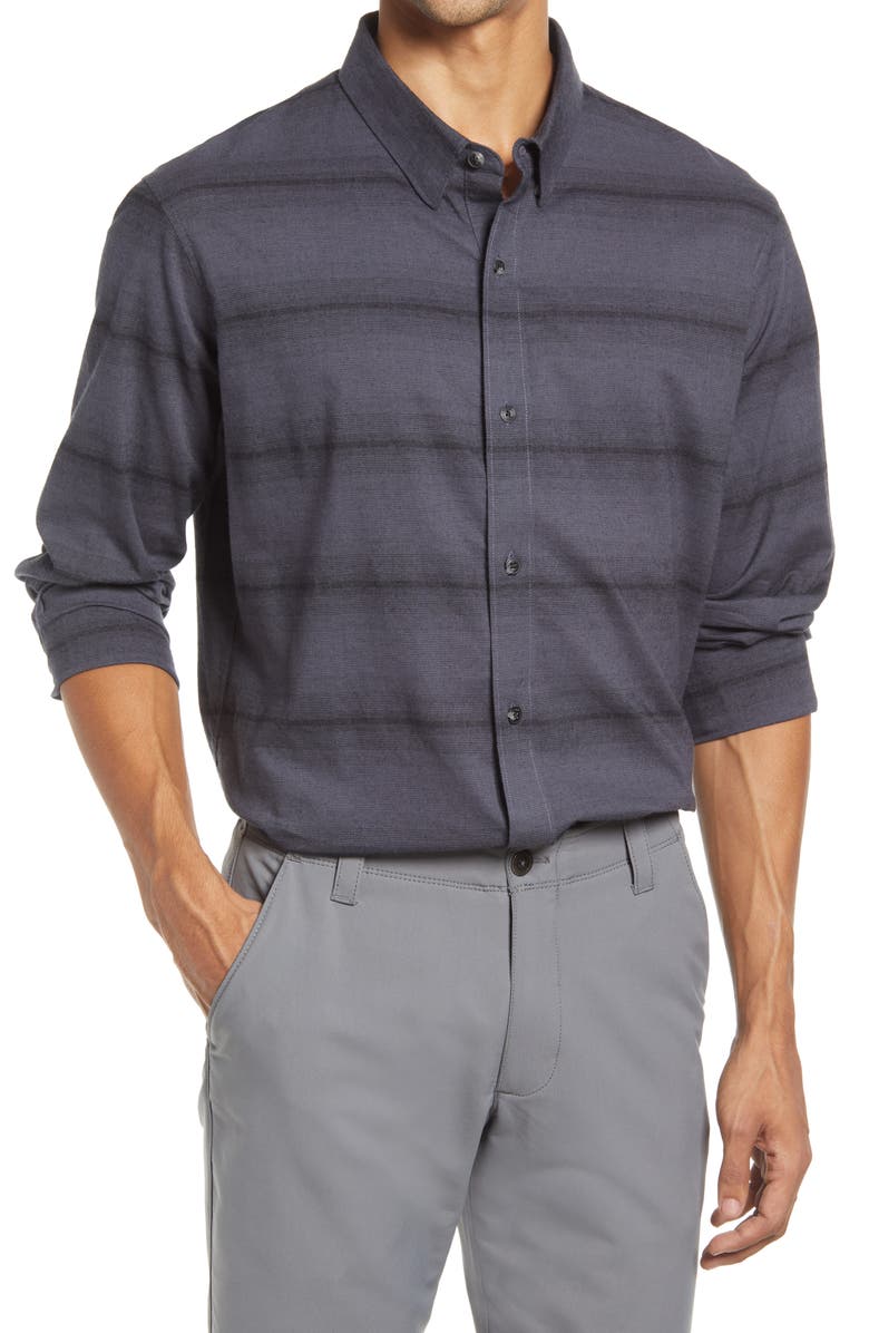 TravisMathew Zeke Stretch Stripe Button-Up Shirt, Main, color, Black