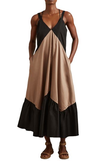 Reiss Brown/black Natalie Cotton Colourblock Flounced Midi Dress In Black/brown