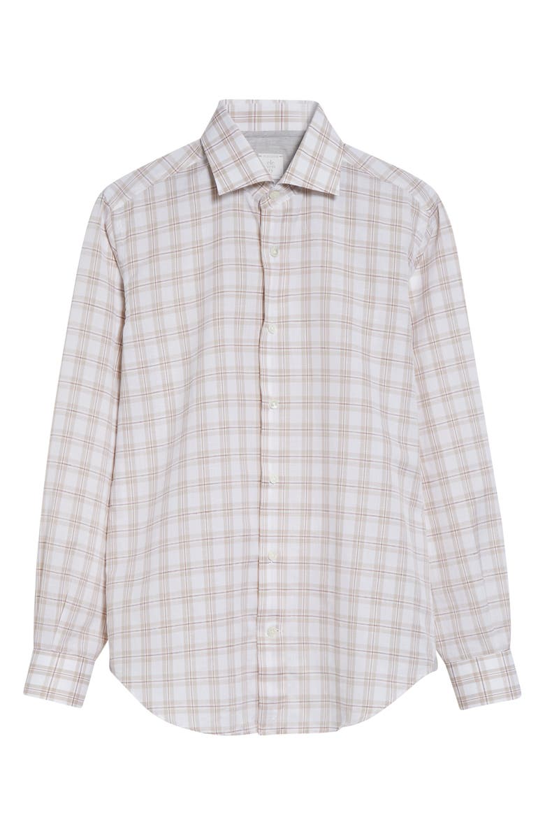 Eleventy Dandy Collar Check Cotton & Linen Button-Up Shirt, Alternate, color, Sand