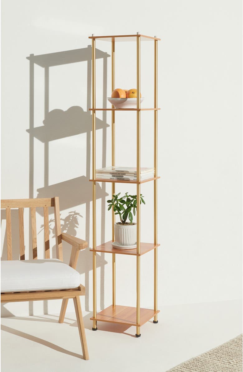 Brightech Aria 63" Touch LED Wood Shelf Floor Lamp with Wireless Charging Pad, Alternate, color, Antique Brass