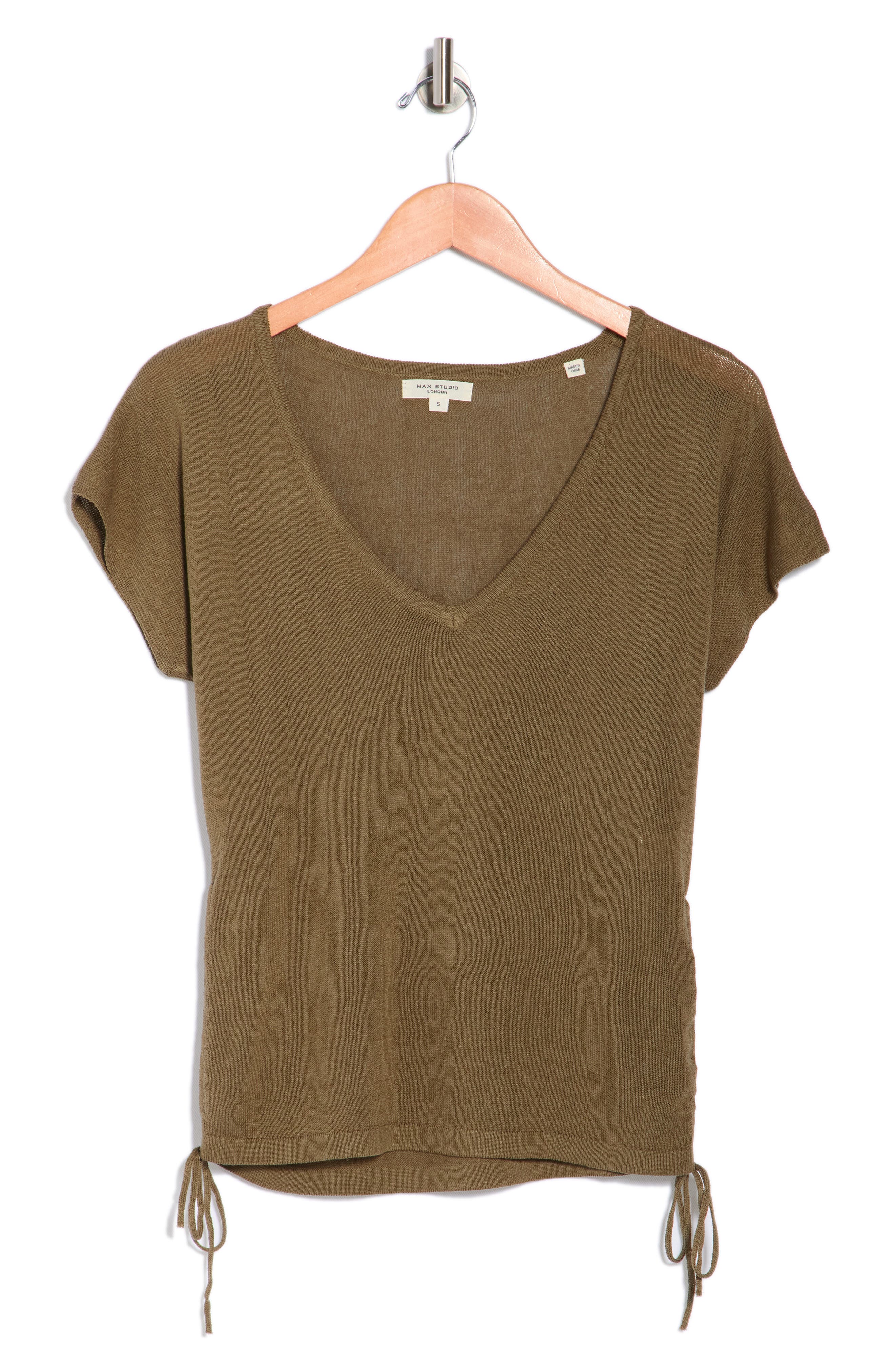 Max Studio Side Ruched Short Sleeve V-neck Sweater In Green