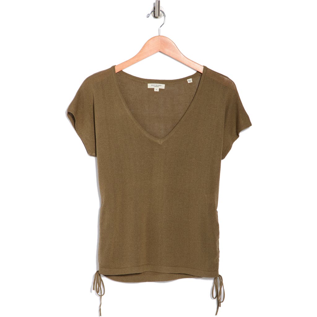 Max Studio Side Ruched Short Sleeve V-neck Sweater In Green