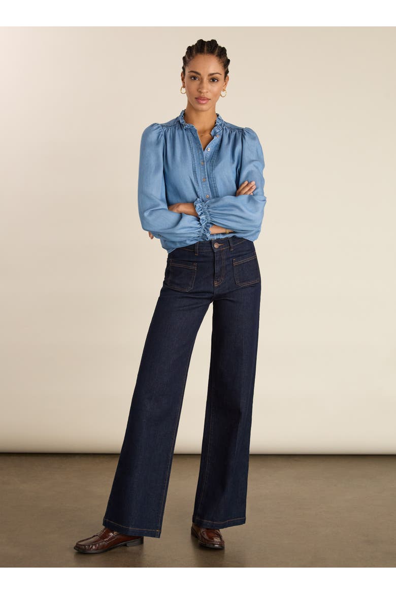 Zoe Frill Neck Blouse, Alternate, color, Mid Indigo