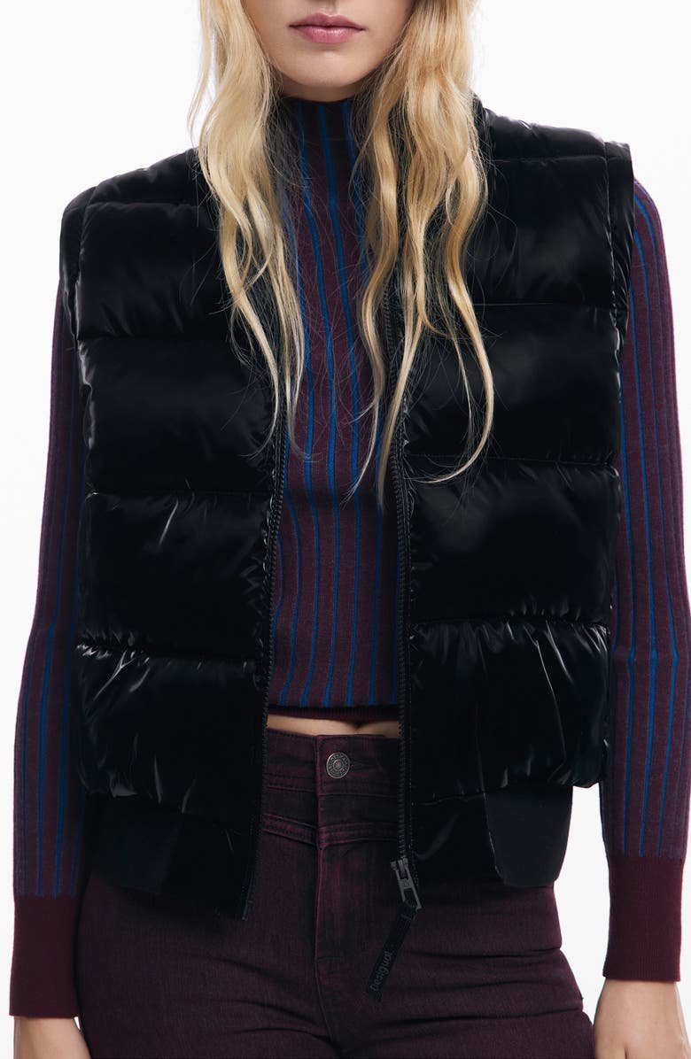 Desigual Convertible Quilted Puffer Jacket with Removable Hood, Alternate, color, Black