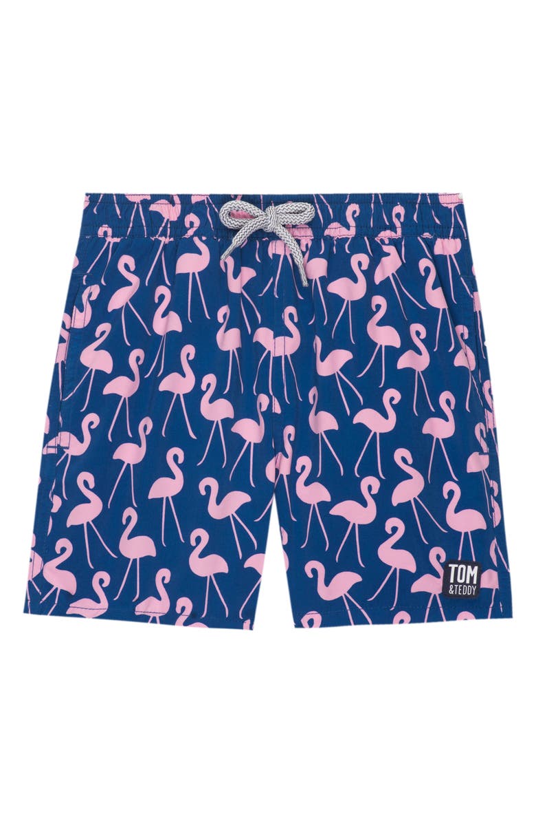 Tom & Teddy Kids' Flamingo Print Swim Trunks, Main, color, Rose Blue