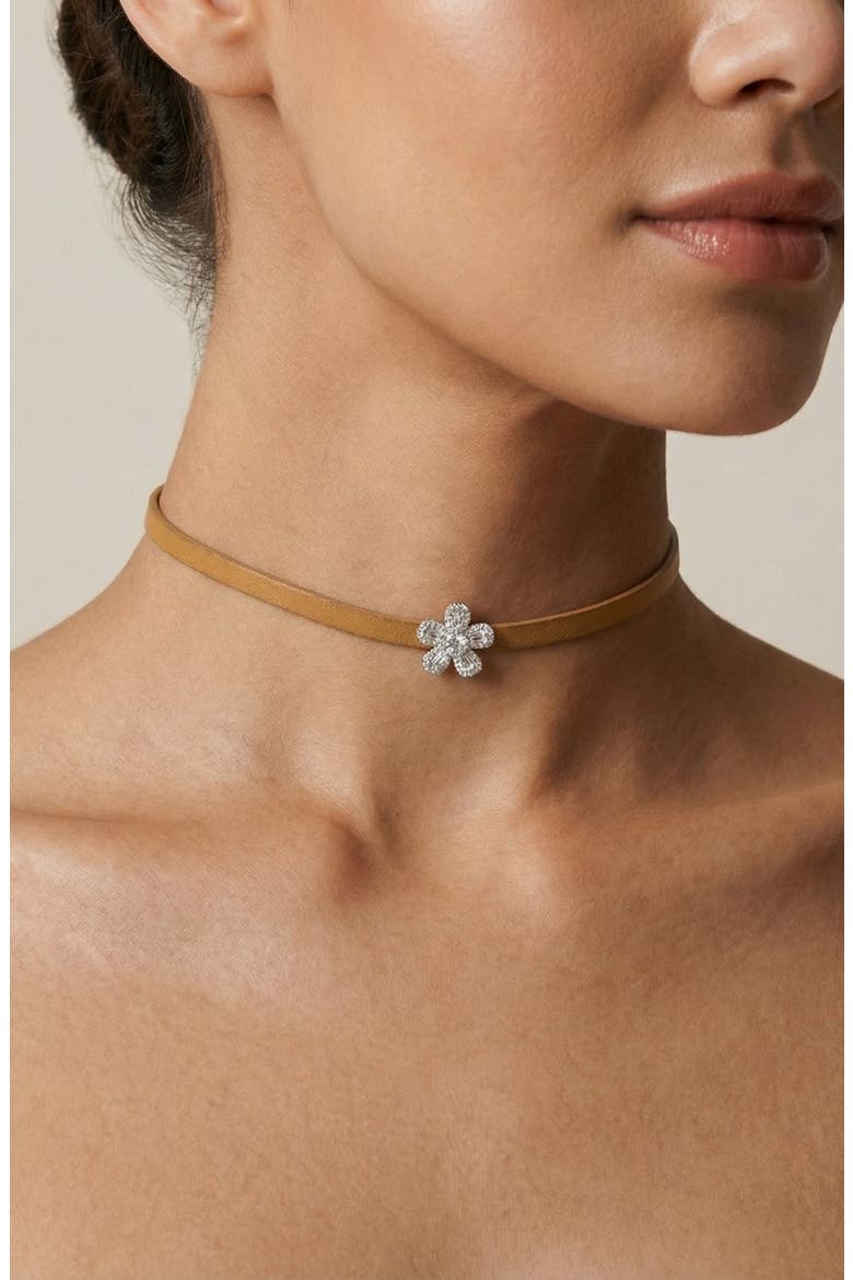 Cubic Zirconia Pavé Flower Choker Necklace, Alternate, color, NATURAL/SILVER
