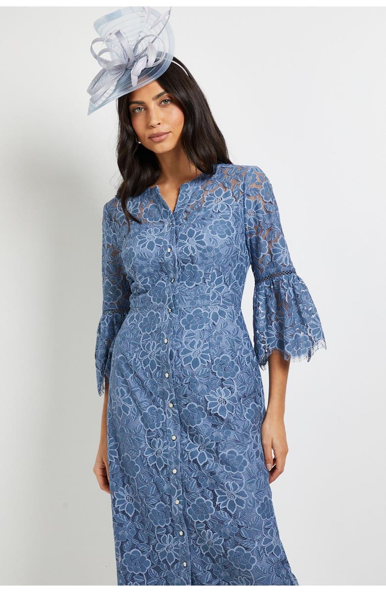 Wallis Lace Button Flute Sleeve Midi Dress, Alternate, color, Blue