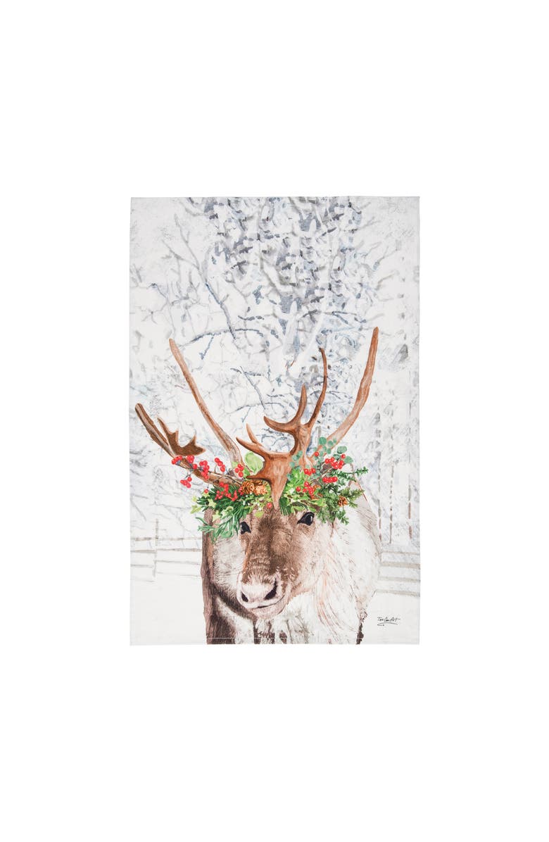 C&F Home Christmas Reindeer Wearing Red Holly Flower Crown Printed 100% Cotton Flour Sack Dishtowel, Main, color, White
