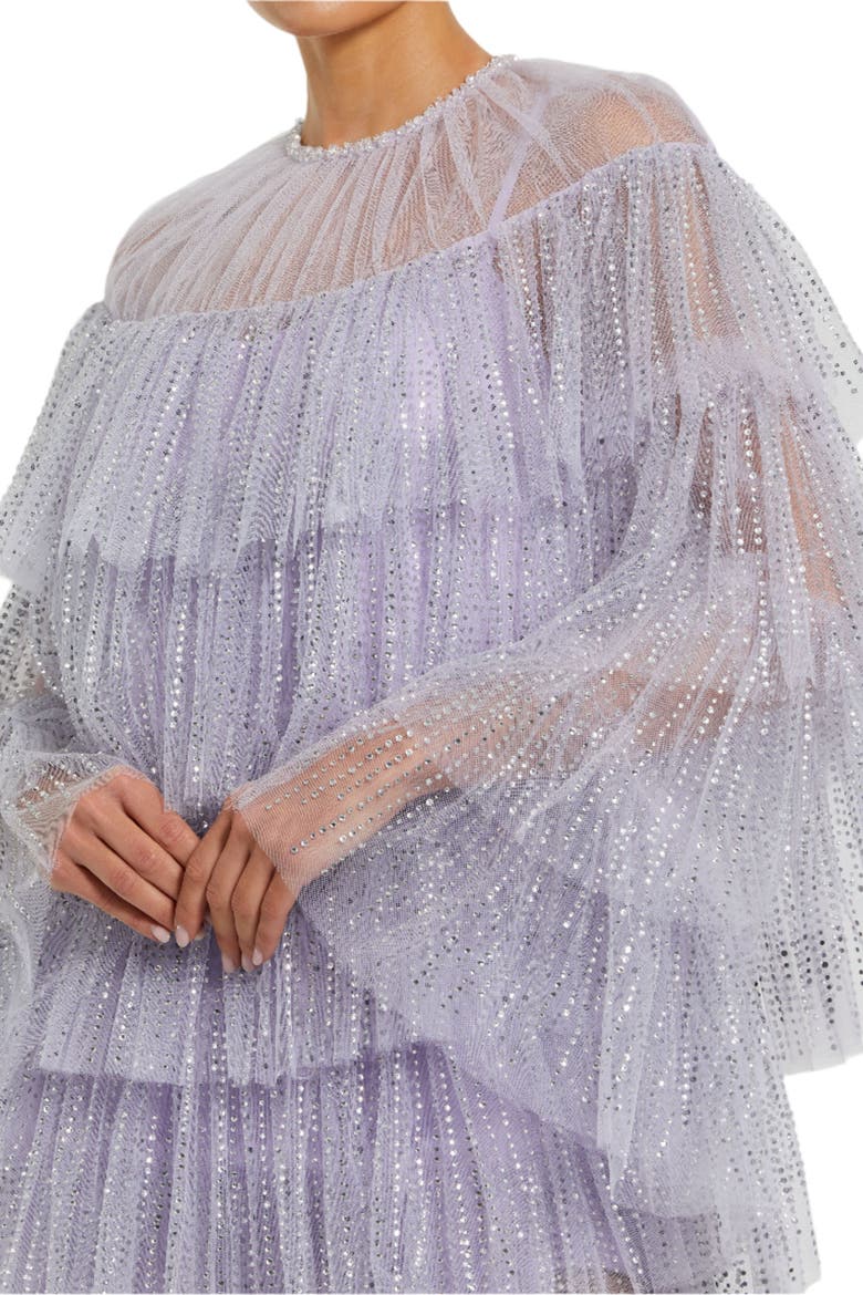 High Neck Tiered Ruffle Pearl Beaded Cape Dress, Alternate, color, Lilac