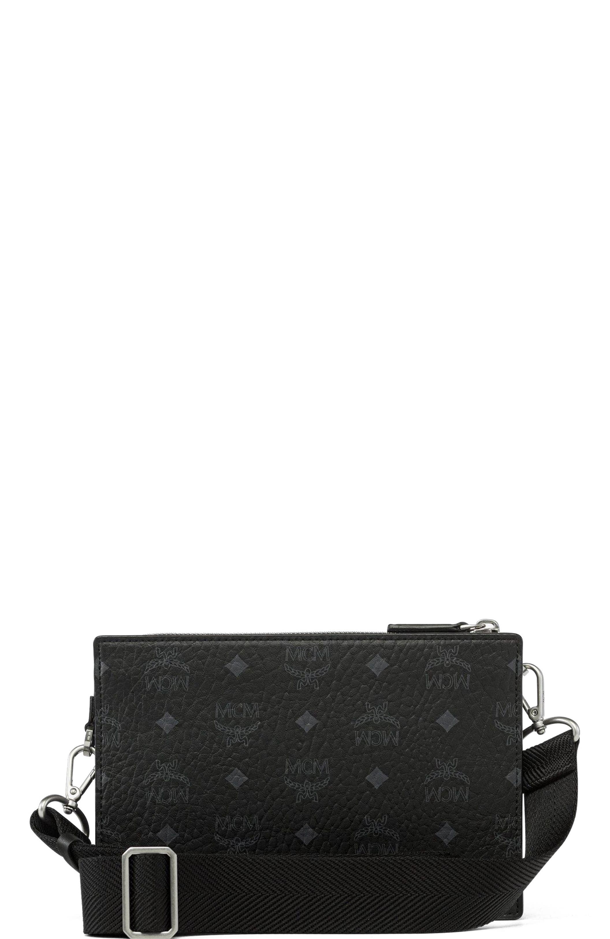 MCM Aren Standing Crossbody Pouch in Visetos, Alternate, color, Black