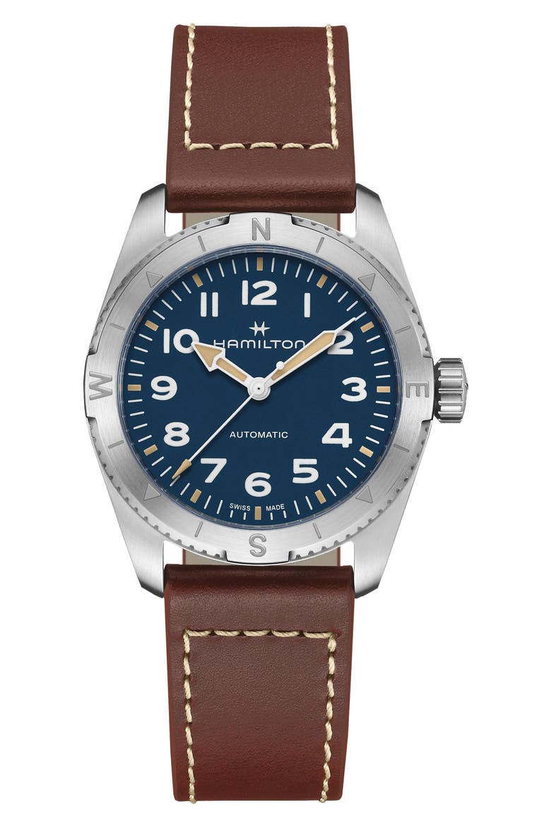 Khaki Field Expedition Automatic Leather Strap Watch, 37mm, Main, color, BLUE