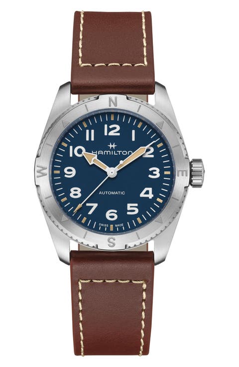 Khaki Field Expedition Automatic Leather Strap Watch, 37mm
