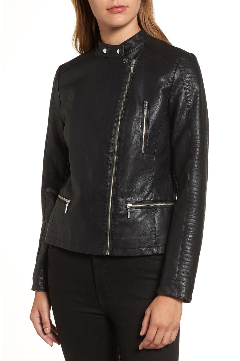 Quilted Faux Leather Moto Jacket, Alternate, color, BLACK
