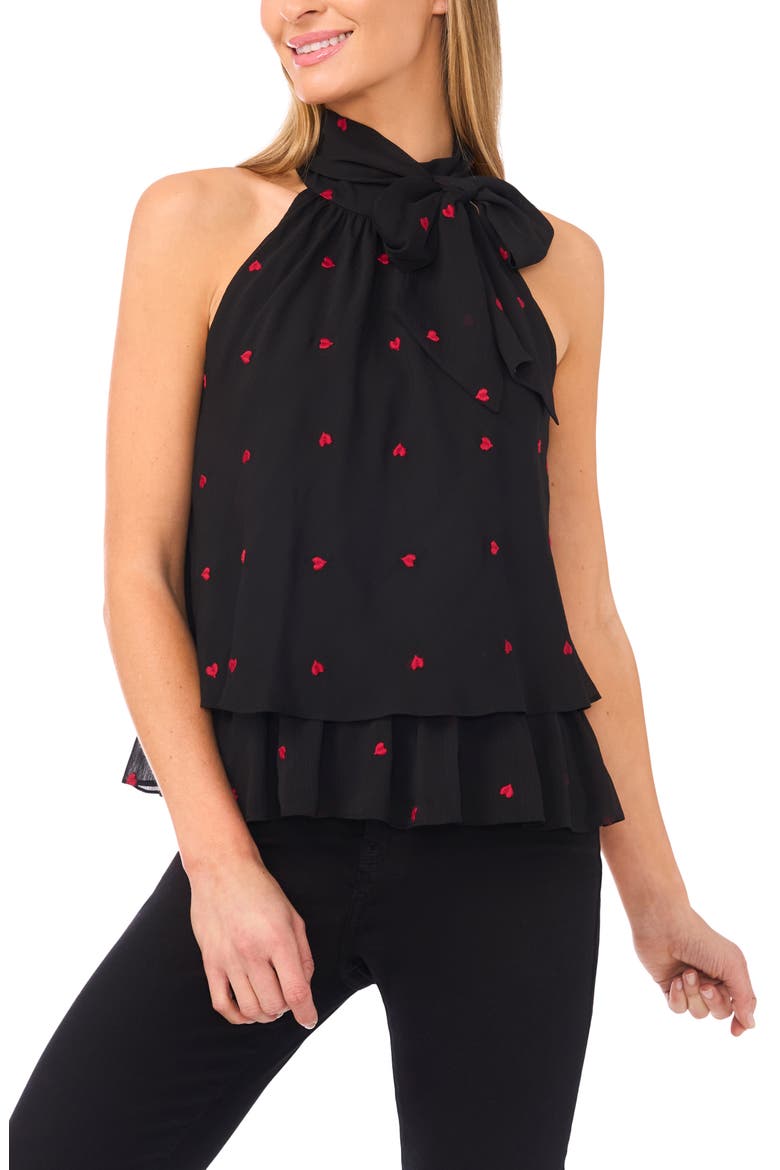 Heart Embroidered Sleeveless Tie Neck Tiered Top, Main, color, RICH BLACK