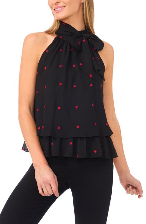 Heart Embroidered Sleeveless Tie Neck Tiered Top
