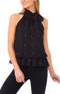CeCe Heart Embroidered Sleeveless Tie Neck Tiered Top