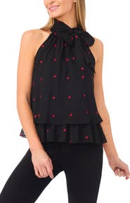 CeCe Heart Embroidered Sleeveless Tie Neck Tiered Top