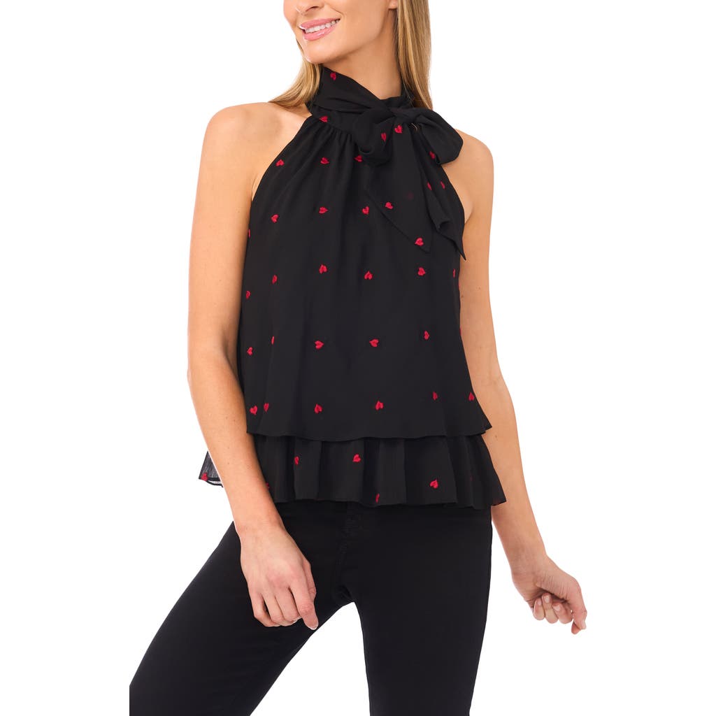 Cece Heart Embroidered Sleeveless Tie Neck Tiered Top In Black