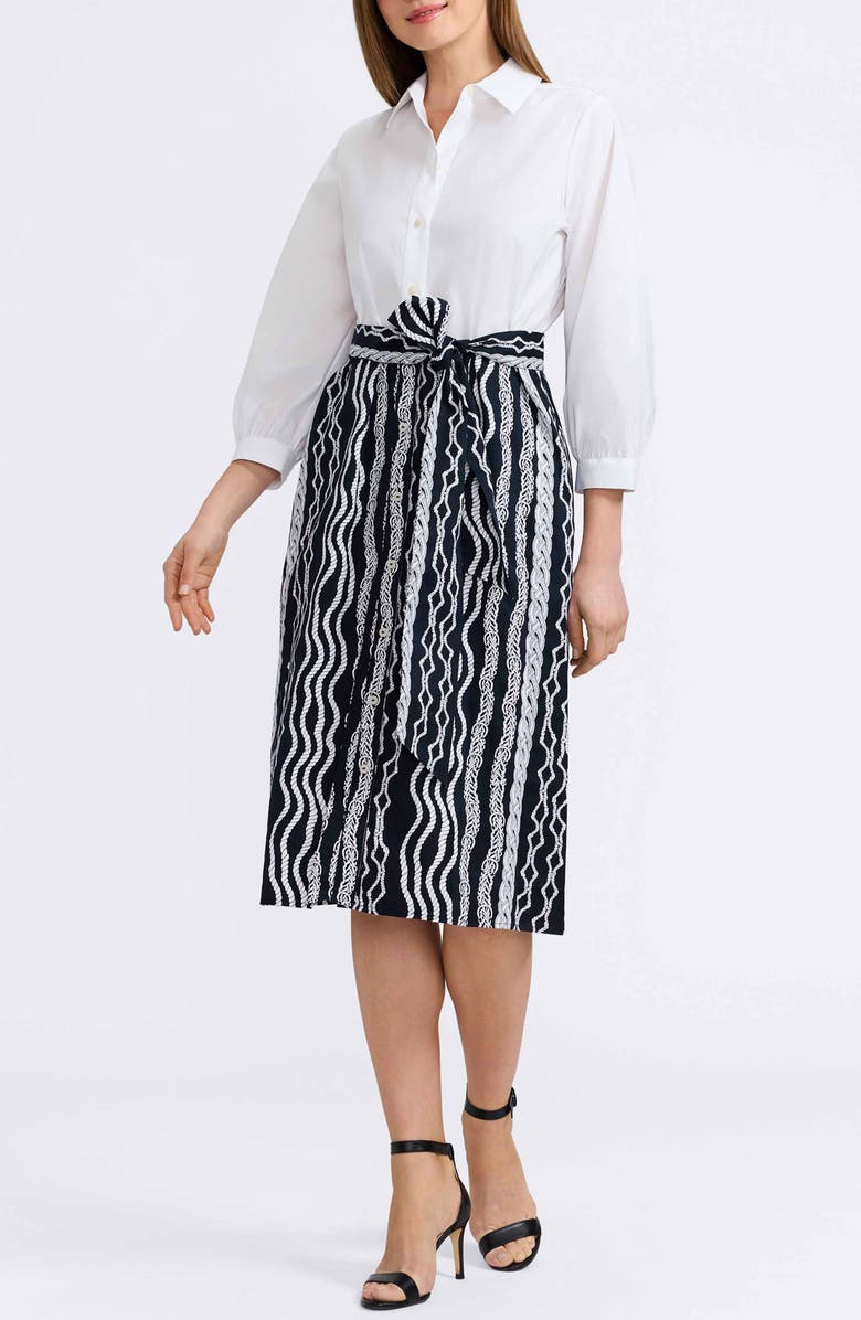 Foxcroft Esther Belted Braid Print Shirtdress, Main, color, White/ Black