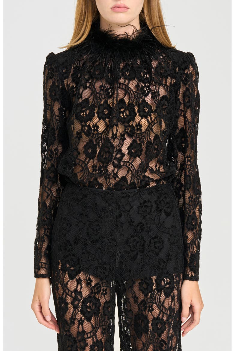 x Rose Lola Broadway Lace Top with Ostrich Feather Trim, Main, color, BLACK
