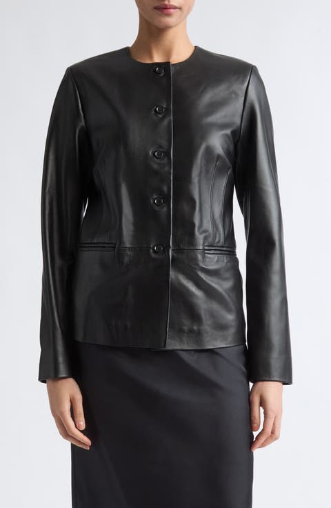Adea Collarless Lambskin Leather Jacket