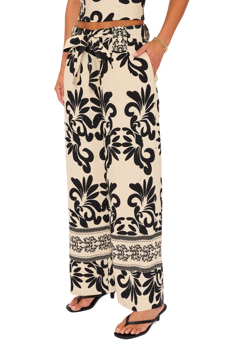 Coastal Print Tie Waist Wide Leg Pants, Alternate, color, CREAM BLACK