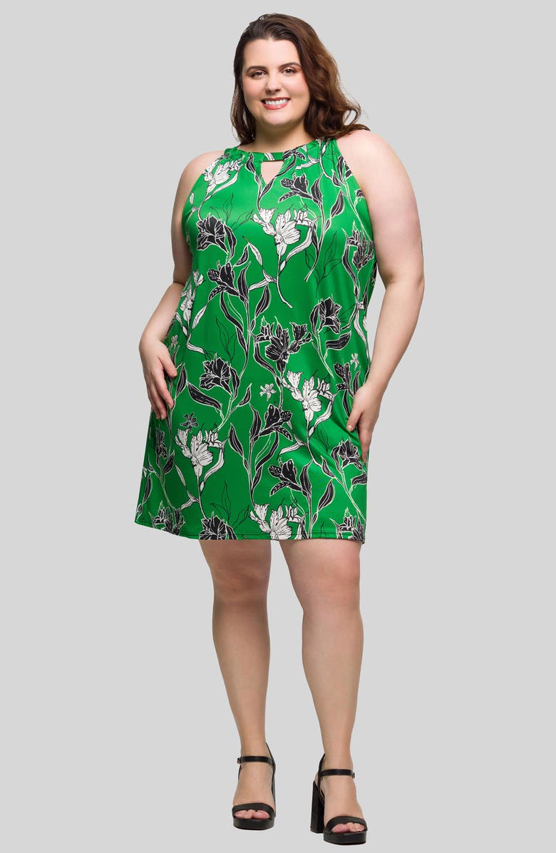 24seven Comfort Apparel Print Sleeveless Keyhole Cutout Dress, Alternate, color, Green Multi