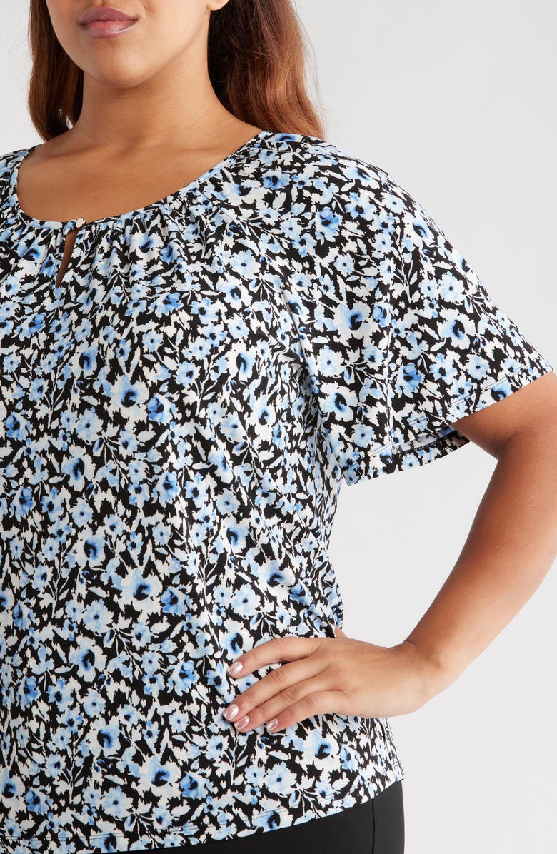 AK ANNE KLEIN Floral Keyhole Peasant Top, Alternate, color, Blue Yonder Multi