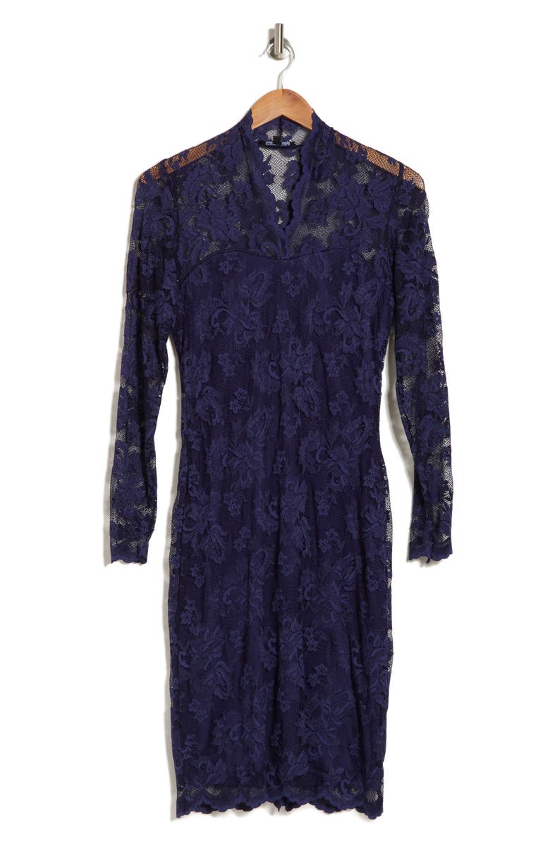 Marina Scallop Lace Long Sleeve Sheath Dress, Alternate, color, Navy