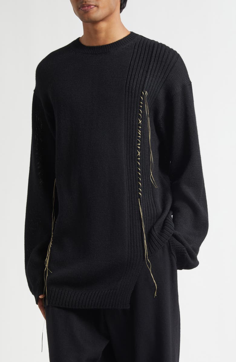 Yohji Yamamoto Asymmetric Embroidered Wool & Cotton Sweater, Alternate, color,