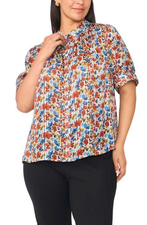 Puff Sleeve Mock Neck Button Front Top