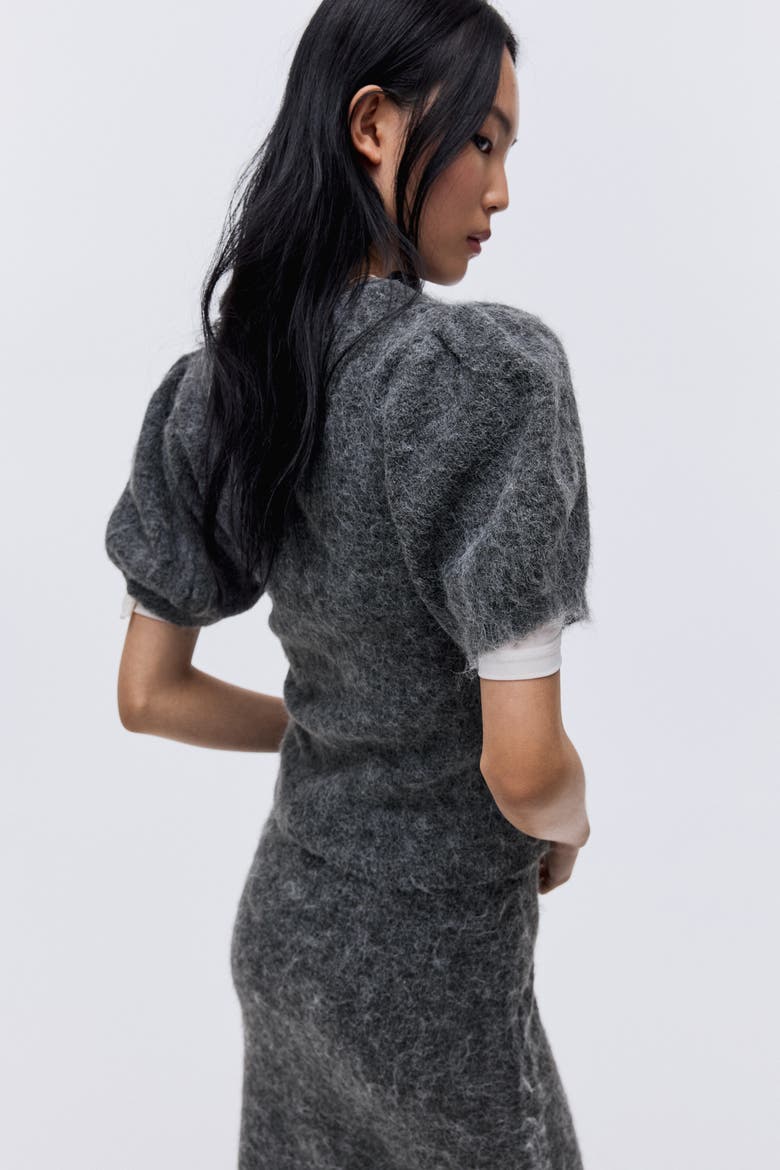 Knitted Puff-sleeved Top, Alternate, color, Gray melange