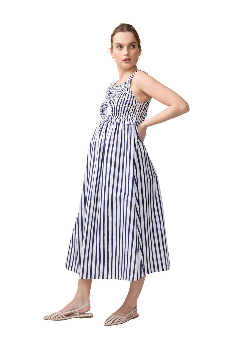 Santorini Smocked Midi Maternity Dress, Alternate, color, Indigo Stripe