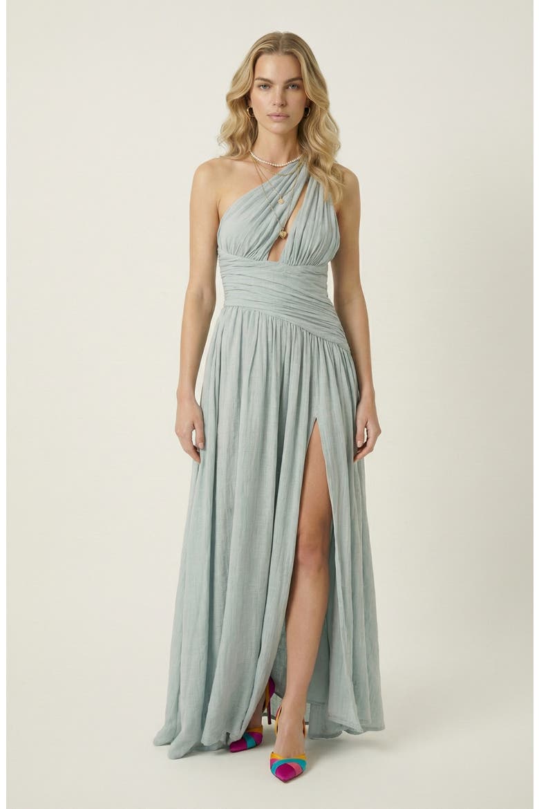 Pleated One Shoulder Cutout Gown, Main, color, Sage Green