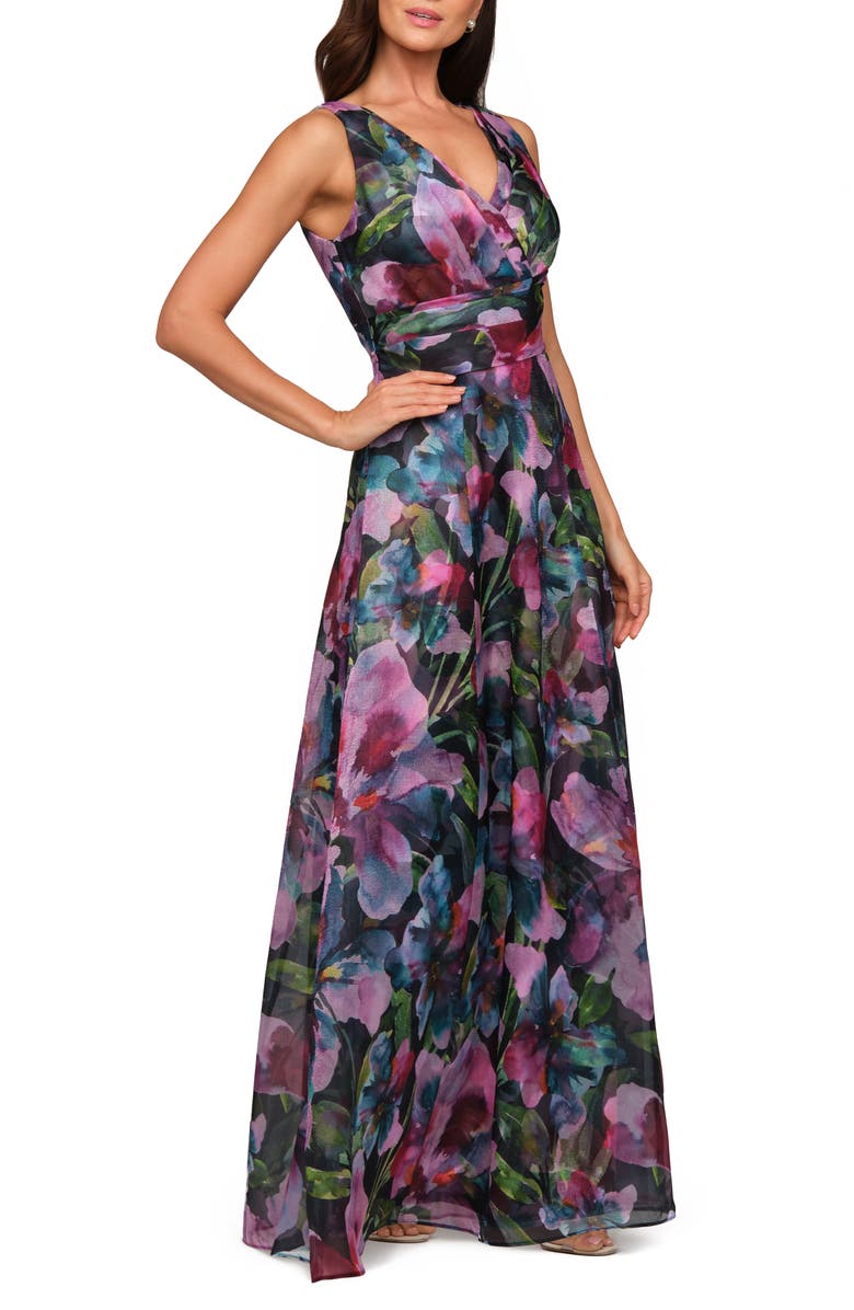 JS Collections Philipa Floral A-Line Gown, Alternate, color, Teal Multi