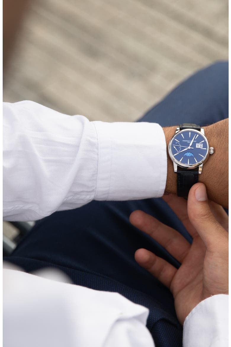 Classic Manufacture Blue Power Reserve Big Date Automatic Leather Strap Watch, 40mm, Alternate, color, SILVER-TONE