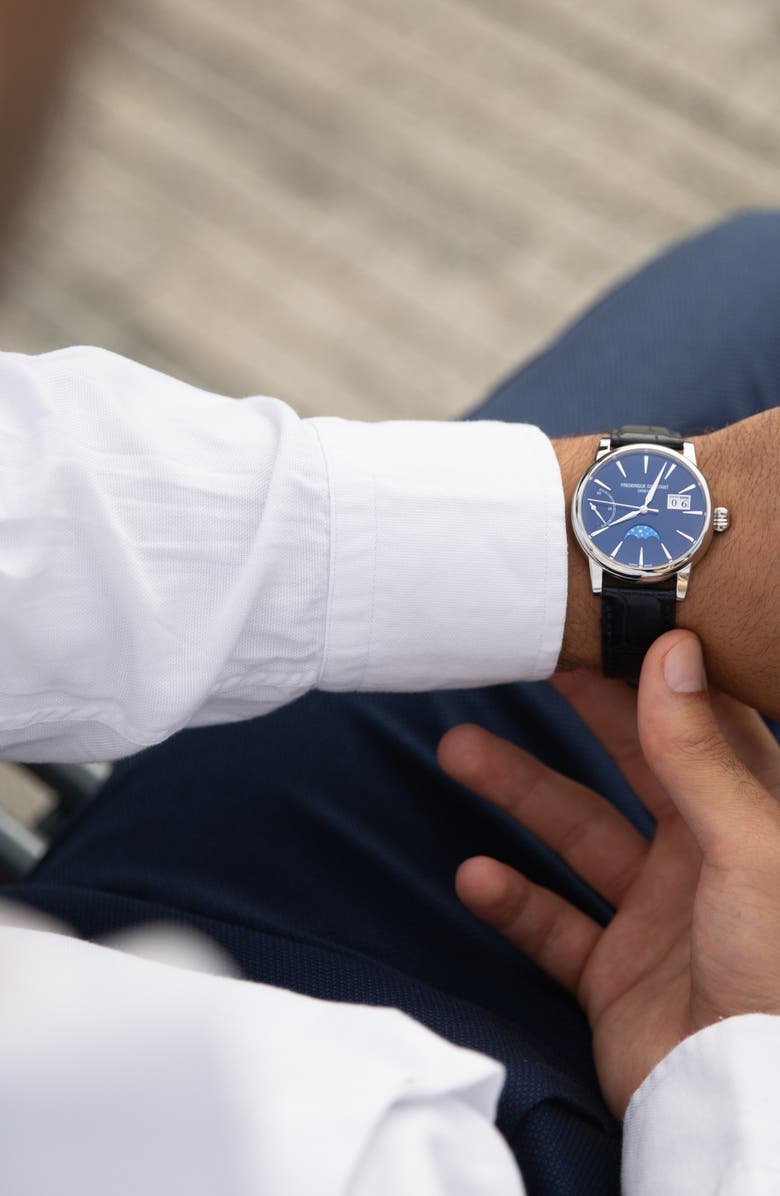 FREDERIQUE CONSTANT Classic Manufacture Blue Power Reserve Big Date Automatic Leather Strap Watch, 40mm, Main, color, Silver-Tone