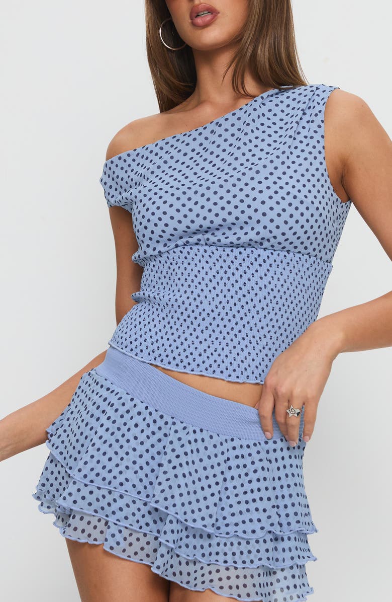 Princess Polly Ready To Party One-Shoulder Polka Dot Top, Main, color, Blue Polka