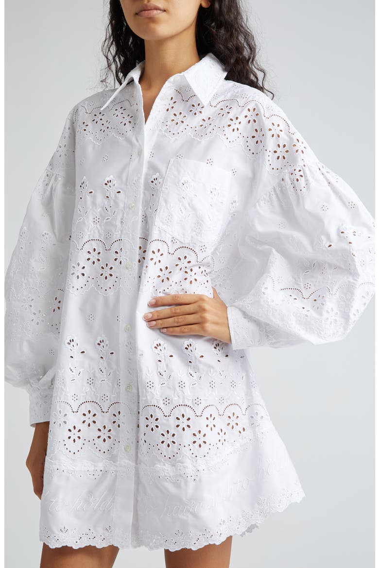 Broderie Anglaise Long Sleeve Mini Shirtdress, Alternate, color, WHITE/ WHITE