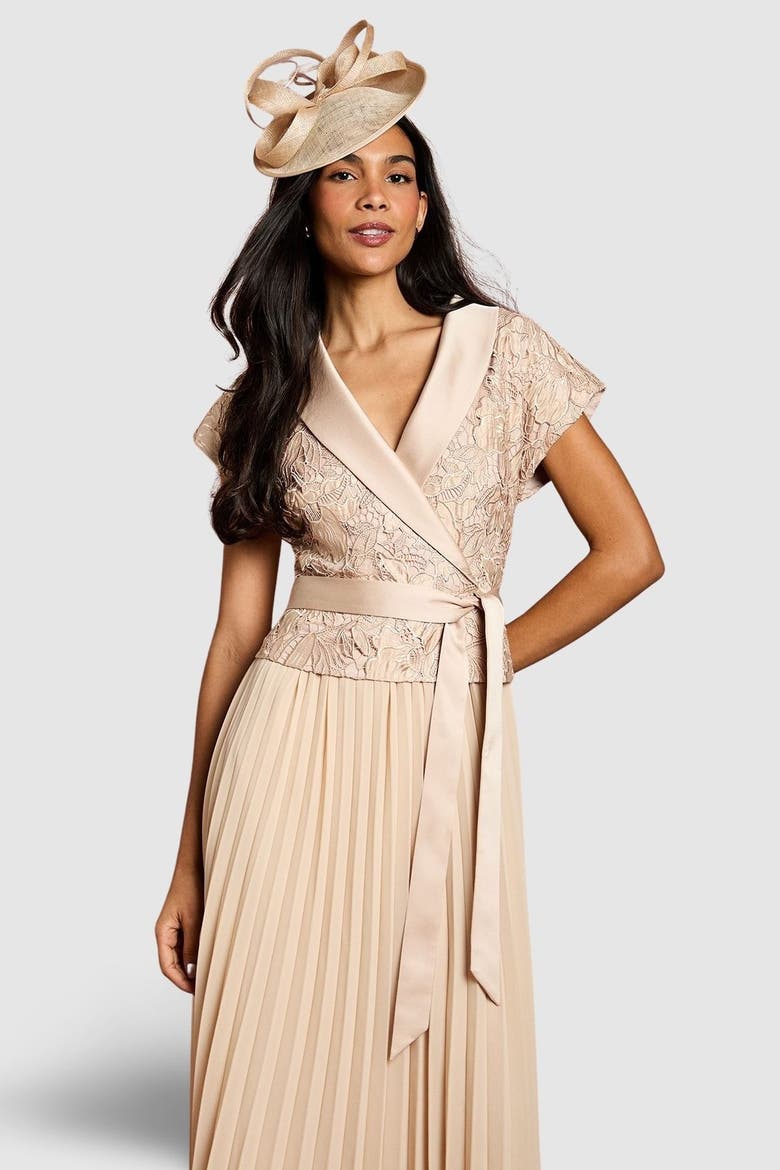 Lace Wrap Top Pleat Tux Midi Dress, Alternate, color, Champagne